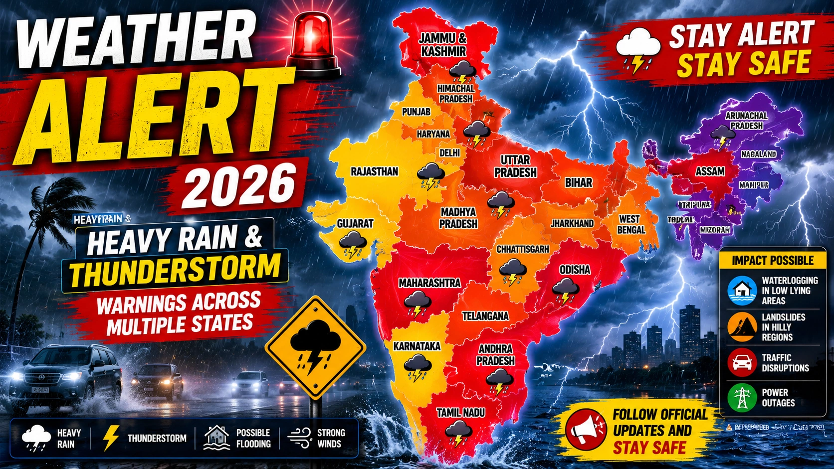Weather Alert 2026 showing heavy rain and thunderstorm warnings across multiple Indian states.