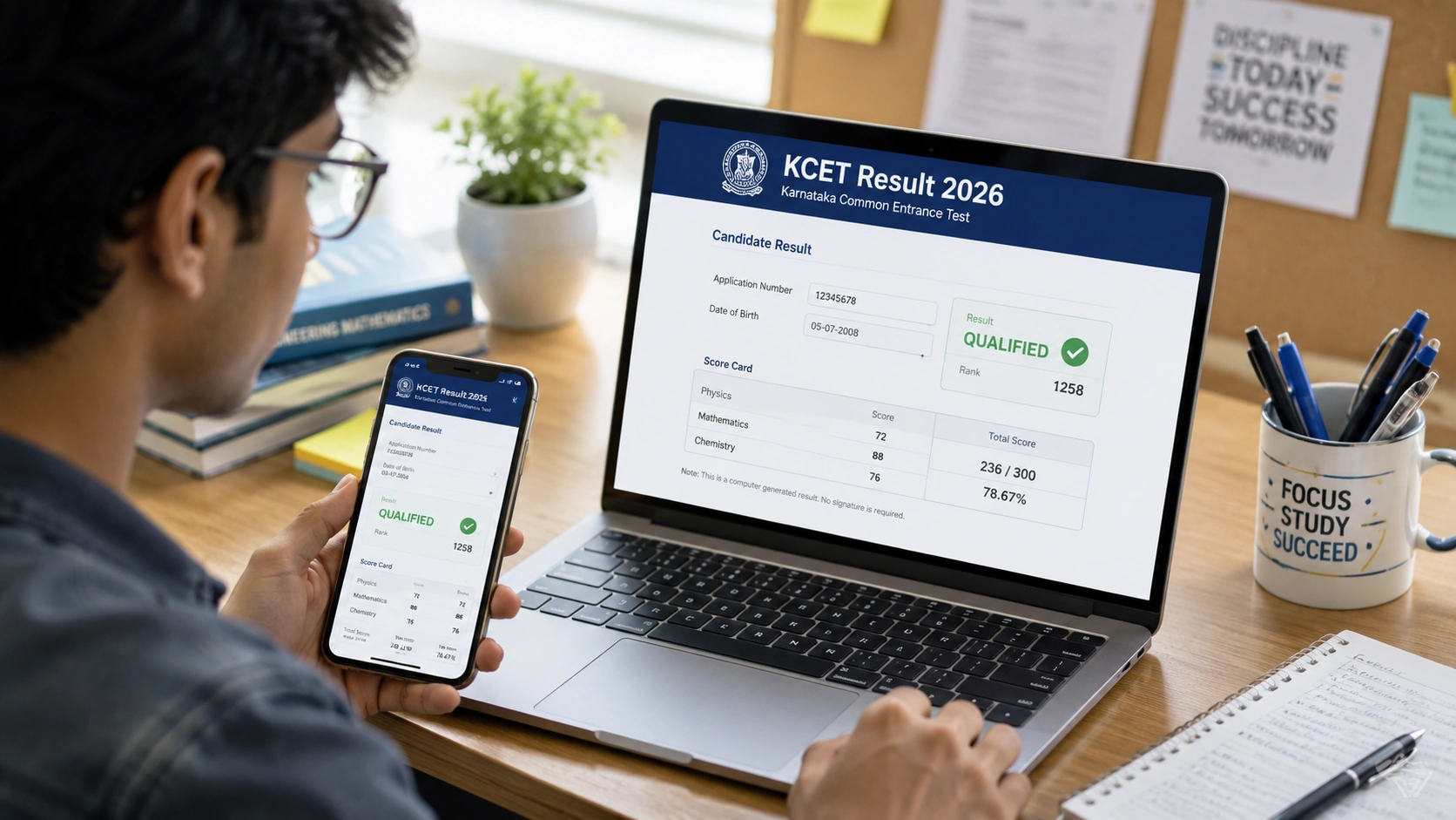KCET Result 2026 चेक करते हुए छात्र, KEA द्वारा जारी UGCET रिजल्ट।